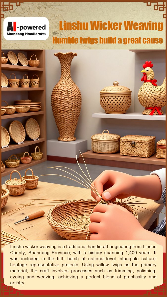 TouchShandong's tweet image. #ShandongHandicrafts: Linshu #Wicker Weaving：Humble twigs build a great cause
Linshu wicker weaving is a traditional #handicraft originating from Linshu County, #Shandong Province, with a history spanning 1,400 years. #handmade #DIY