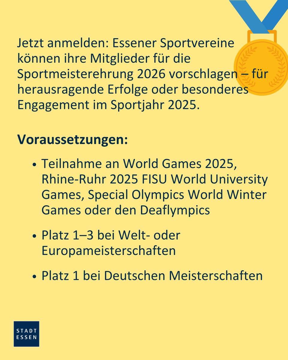 Essen_Ruhr's tweet image. Ab sofort können Essener Sportvereine ihre Mitglieder für die Sportmeisterehrung 2026 anmelden! 📢
ℹ️ Alle Voraussetzungen und weitere Infos findet ihr im Beitrag oder unter: t1p.de/Sportmeistereh…
#stadtessen #essenruhr #sportmeisterehrung