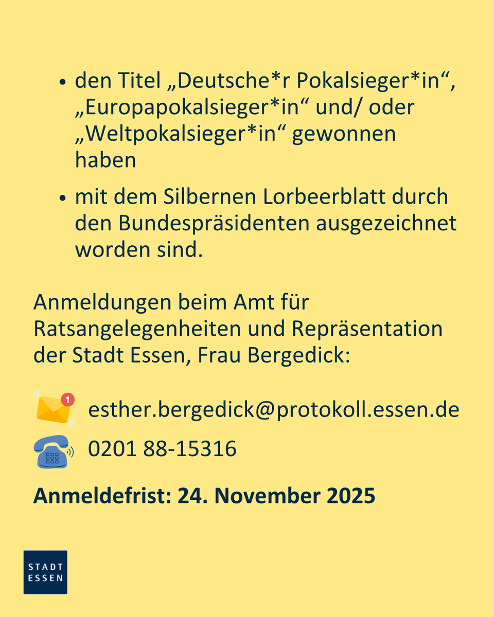 Essen_Ruhr's tweet image. Ab sofort können Essener Sportvereine ihre Mitglieder für die Sportmeisterehrung 2026 anmelden! 📢
ℹ️ Alle Voraussetzungen und weitere Infos findet ihr im Beitrag oder unter: t1p.de/Sportmeistereh…
#stadtessen #essenruhr #sportmeisterehrung