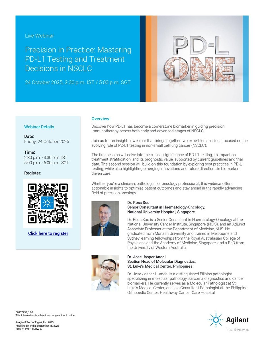 DSSImagetech's tweet image. Live Webinar: Precision in Practice: Mastering PD-L1 Testing and Treatment Decisions in NSCLC
Date: Friday, 24th Oct, 2025
Time: 2:30 PM – 3:30 PM IST

#DSS #inspiredbytechnology #biotechnology #scienceandtechnology #webinar
