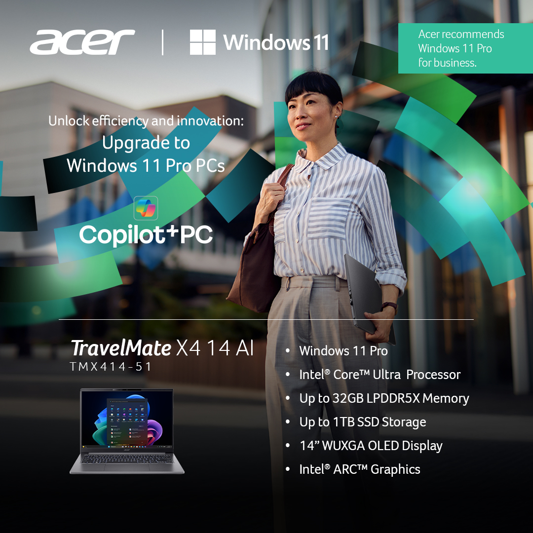 AcerPhils's tweet image. Leadership demands more than performance. It demands trust. The #AcerTravelMate X4 14 #CopilotPCs AI, built on #Windows11Pro, offers enterprise-grade security and AI-powered productivity for executives who can’t afford to compromise.

Invest in a trusted partner for every…
