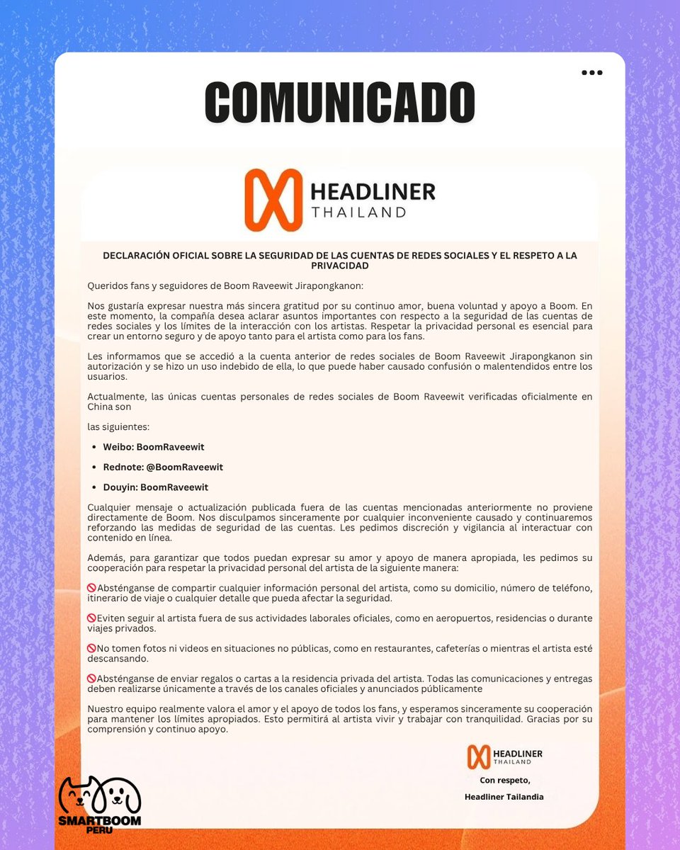 smartboomperu's tweet photo. 📢DECLARACIÓN OFICIAL sobre la seguridad de las cuentas de redes sociales y el respeto a la privacidad de BOOM RAVEEWIT
TR. Español #smartboomperufc
@HeadlinerTH @bxxm_rvw
#headlinerth #BXXMRVW #RVW https://t.co/sJNQSbPTtf