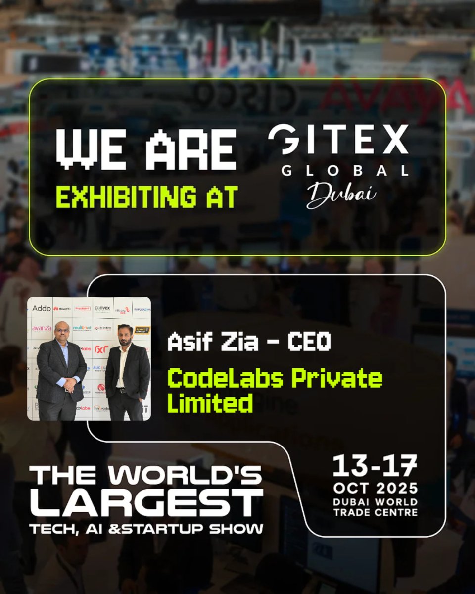 codelabsInc's tweet image. This October, the world will come together at @GITEX_GLOBAL

We’ll be joining 6,500+ companies from 180+ countries, to showcase our innovations to a global audience of investors, enterprises, and governments.

📅 13–17 October 2025 | Dubai World Trade Centre

#GITEXGLOBAL2025
