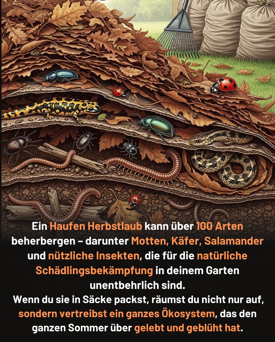 Blätter liegen lassen oder zu Häufen unter Bäumen oder Stäuchern zusammen rechen!

Da freuen sich alle Tiere.
🐞🪲🐝🐜🐛🦋🦗🕷🪳🐦🦔