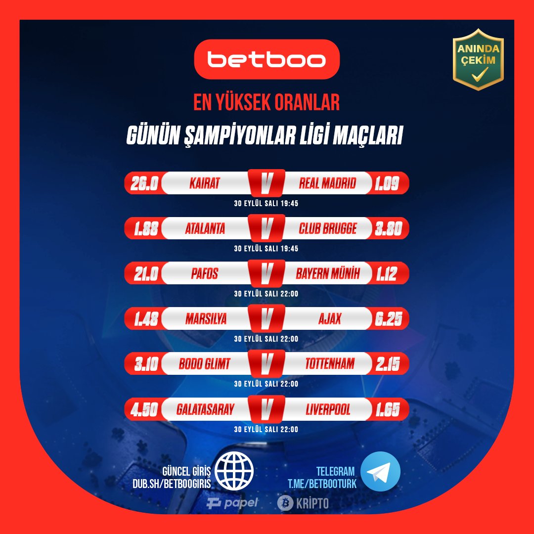 boonedirya's tweet photo. 🔸 Günün Şampiyonlar Ligi maçları heyecanı Betboo'da! 🧡 #UCL #Betboo #BetbooGüncelGiriş

Kairat 🆚 Real Madrid
Atalanta 🆚 Club Brugge
Pafos 🆚 Bayern Münih
Marsilya 🆚 Ajax
Bodo Glimt 🆚 Tottenham
Galatasaray 🆚 Liverpool

📳 500 TL'ye kadar bedava bahis Betboo farkı ile seni bekliyor! 👉 https://t.co/in7AWxUCbE