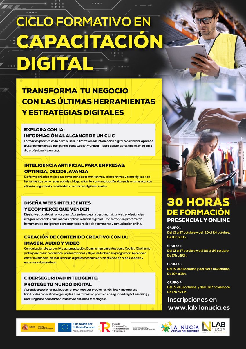 🚀 El Lab_Nucia abre inscripciones para el curso gratuito de Capacitación Digital, dirigido a empresarios y comerciantes que quieren dar el salto a las nuevas tecnologías 💡

📌 30 horas de formación 
📍 Presencial o en directo online 

🔗 lab.lanucia.es/eventos/15936-…