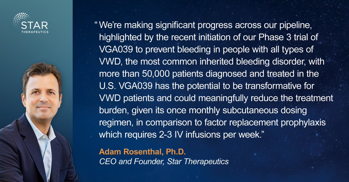 STAR_Biotech's tweet image. Today, we announced an oversubscribed $125M Series D financing. Funded by leading life sciences investors, this underscores the urgency of our mission: bring life-changing therapies to people with serious bleeding disorders, beginning with VGA039 in #VWD. star-therapeutics.com/star-therapeut…