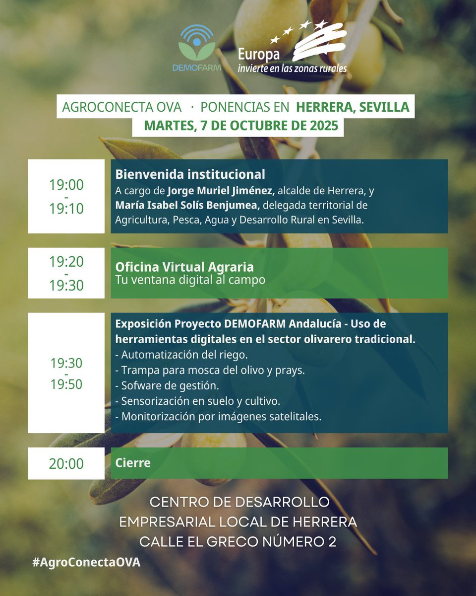 Demofarm_A's tweet photo. 🌳Mañana, 7 de octubre te esperamos en Herrera, Sevilla en #AgroConectaOVA @OVAAndalucia
Con la presentación del proyecto Demofarm Andalucía y el uso de herramientas digitales en olivar tradicional.
✅ Apúntate y participa: https://t.co/TOOaEfnC58 https://t.co/q6pYP2UkPt