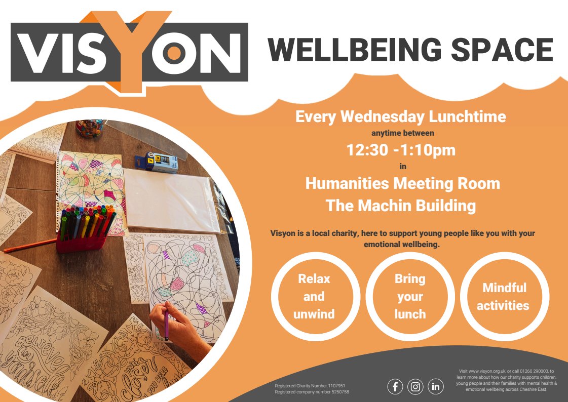 CongletonHS's tweet image. Visyon are running their Chill and Chat sessions tomorrow and every Wednesday lunch in Humanities. Everyone is welcome - no need to sign up. Students may bring their lunch, unwind and take part in some mindful activities if they wish. Thank you to @Visyonltd  for providing this.