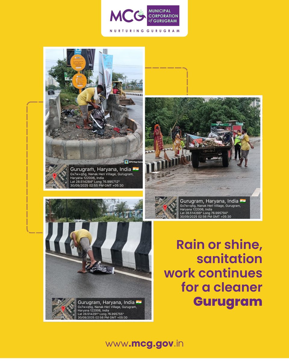 Rain hasn’t stopped the sanitation efforts! 
Cleaning work is actively carried out on Sobha City Road, Zone-2 to ensure a cleaner and healthier environment.

 #Gurugram #SwachhGurugram #SHS2025 #SwachhataHiSeva2025 #Swachhotsav #CleanCity #HaryanaShaharSwachhtaAbhiyan2025