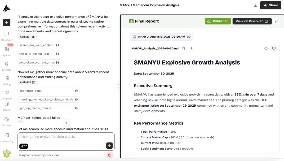 Polabuild369's tweet photo. 🚨Ask https://t.co/4GQ8573p8D: Analyze why $MANYU has exploded so strongly in recent days.

1️⃣ HTX Listing = Catalyst
-Listed Sept 29 in HTX Innovation Zone (MANYU/USDT)
-Immediate price + volume surge
-Market cap 13.5x → ~$62M

2️⃣ Ecosystem in Motion
-ManyuFun Launchpad → $1.7M+ vol in wk 1
• 50% buyback + burn (buys)
• 100% burn (sells)
-Cross-chain: BSC integration live
-Real-world: Zebec + custom debit cards coming

3️⃣ Community = Strength
-IG: 3M followers
-TikTok: 8M fans
-YT: 12M viewers
-“Manyu Army” driving memes, branding, and hype

4️⃣ Tokenomics = Deflationary Pressure
-Constant burns via platform activity
-Shrinking supply supports higher price floors