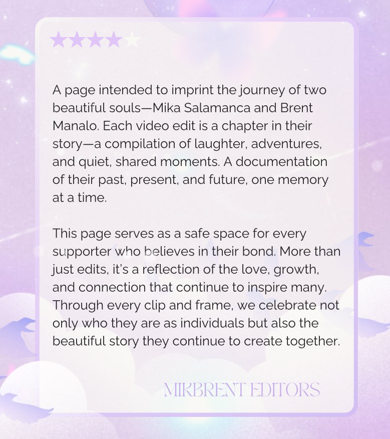 Mikbrent_Editor's tweet image. Hello, Menties. Welcome to your safe space. We are here as editors to honor Mika and Brent’s journey, preserving every moment through our works and sharing them with all of you who believe in their story. 

As a group, we aim to create a community built on support, creativity,…
