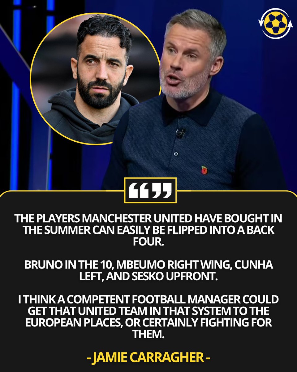DeadlineDayLive's tweet image. 🗣️ Jamie Carragher on Monday Night Football:
"The players Manchester United have bought in the summer can easily be flipped into a back four.
Bruno in 10, Mbeumo right wing, Cunha left, and Sesko upfront.
I think a competent football manager could get that United team in that…