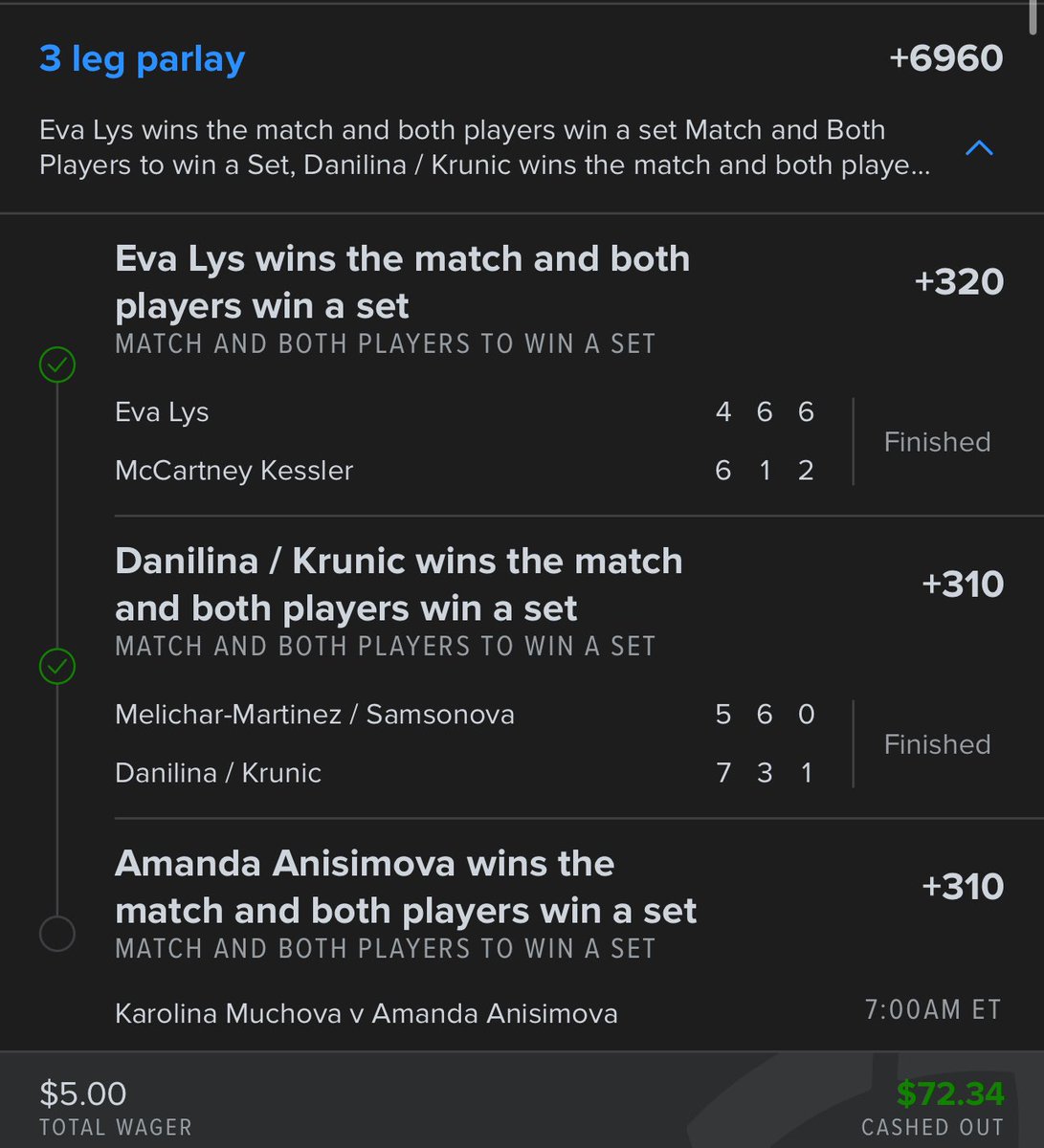 xTBizzlex's tweet photo. @MetsManParlays Daaaamn bro what a bet!!! Cashed out 30 mins before the last match started and threw $22.34 on the last leg as a solo bet to guarantee almost $50 in profit. Never watched tennis in my life so I’ll take it. Good lookin brother @MetsManParlays https://t.co/HyQQtKUG5S