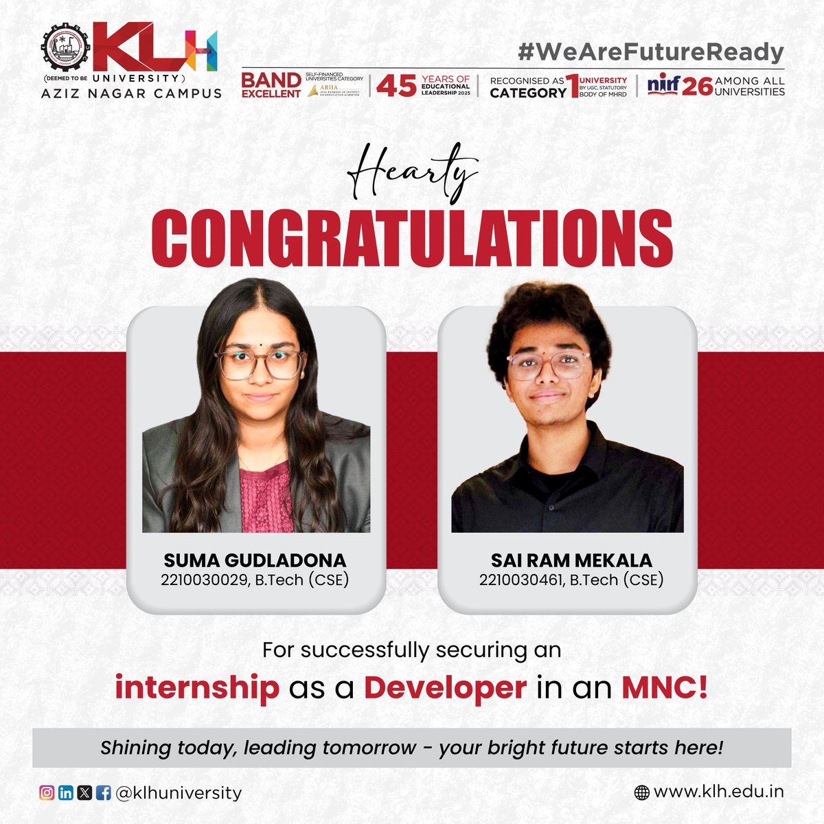 klhuniversity's tweet image. Hearty congratulations to Suma Gudladona and Sai Ram Mekala for securing internships as Developers in a top MNC! At KLH Aziz Nagar, students gain hands-on training, industry-aligned projects, and expert mentorship to excel in tech careers. 

#TechInternships #FutureDevelopers