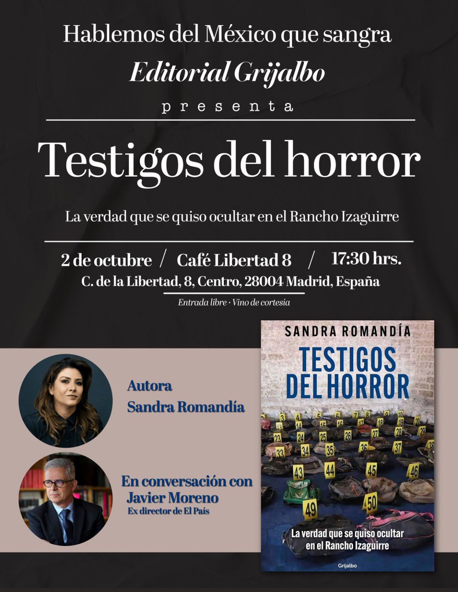 MADRID:

Este jueves 2 de octubre  tendré el honor de presentar #TestigosdelHorror , la verdad que se quiso ocultar en el Rancho Izaguirre, acompañada de  <a href="/morenobarber/">javier moreno barber</a> , ex director de <a href="/el_pais/">EL PAÍS</a> y autor de Quién manda aquí, sobre violencia en América Latina. 
5:30 pm, Café