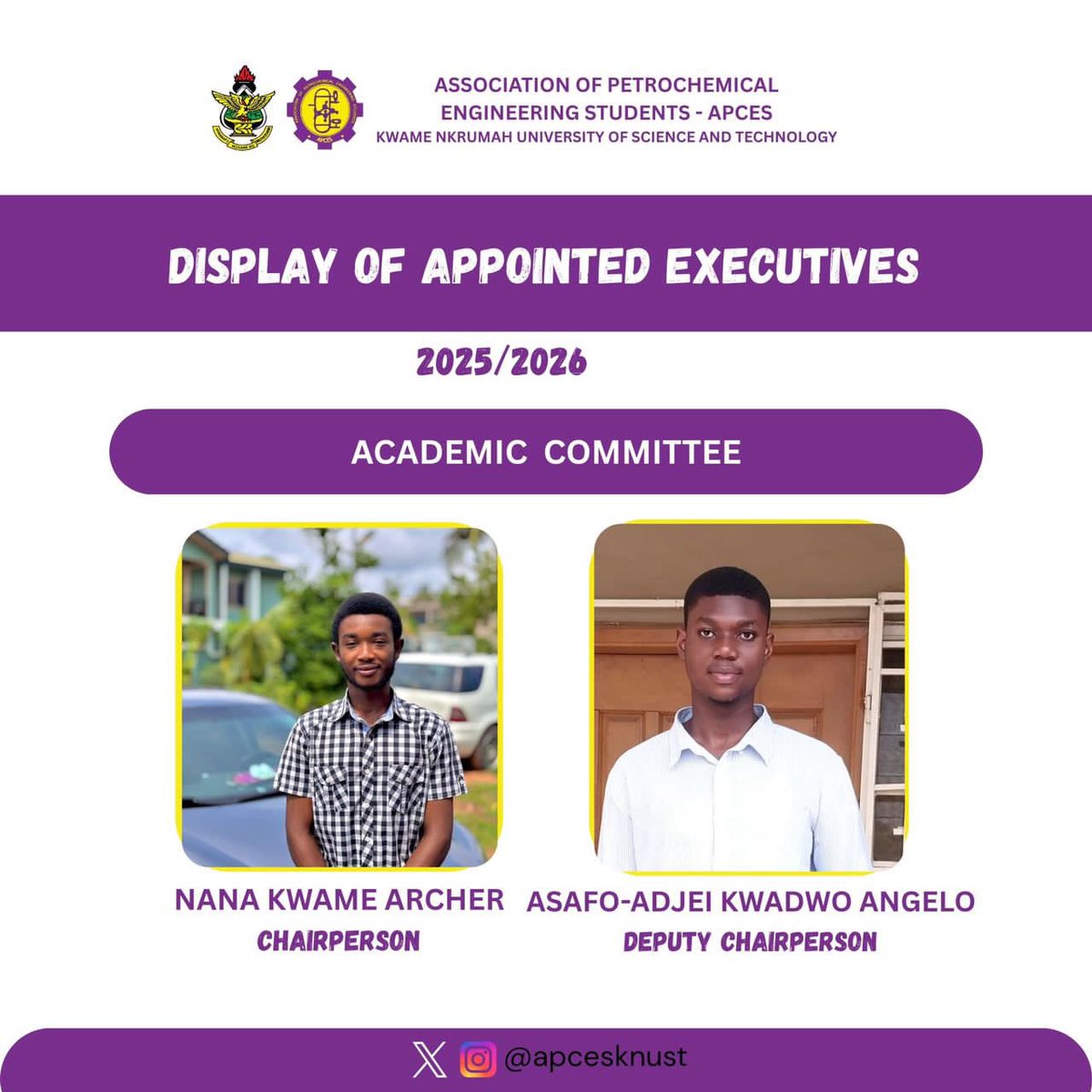 *💜💛DISPLAY OF APPOINTED EXECUTIVES 💜💛*

THE *BIG REVEAL* IS HERE❗👏🥳

We are excited to present the newly appointed *Academic Committee Heads* of the *Baffoe-Solace Led  Administration*.

Congratulations on your appointment 🎉

➖➖➖➖➖➖➖➖➖➖
*APCES EXECUTIVES 25/26*