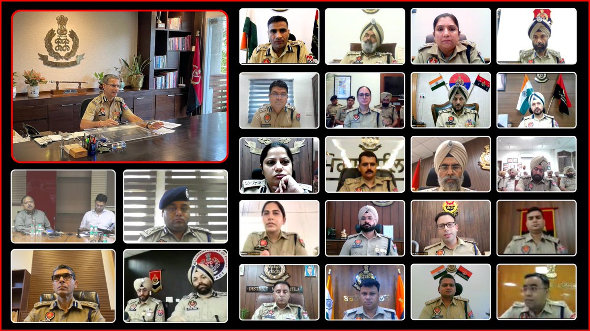 DGPPunjabPolice's tweet image. A State-level Law &amp;amp; Order Meeting was held today through Video Conference with senior police officers including Heads of Anti Gangster Task Force &amp;amp; Counter Intelligence Wing, All Range DIGs, All CPs, All #SSPs, All sub-divisional #DSPs, and All #SHOs in Punjab to review ongoing