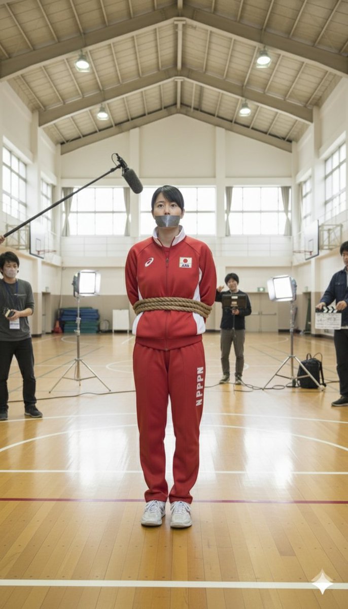 kintoresm's tweet photo. AIで全日本女子バレー(90年代前半頃)に似たジャージ姿で体育館で緊縛シーンの撮影風景の画像を作成した。 https://t.co/Q3f3nyOhA9