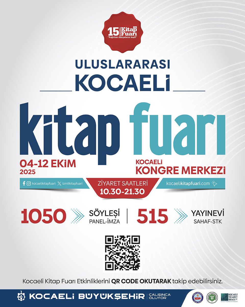 hayribaracli's tweet photo. Türkiye’nin en büyük kültür buluşması başlıyor! 🚀📚

15.Uluslararası Kocaeli Kitap Fuarı, 4-12 Ekim’de Kocaeli Kongre Merkezi’nde!

Kitapların heyecanlı dünyasında okumaya, öğrenmeye ve ilham veren buluşmalara davetlisiniz. ✨

#şehrimKocaeli 
#KocaeliKitapFuarı
#KitapOku https://t.co/pEb46lRHsw