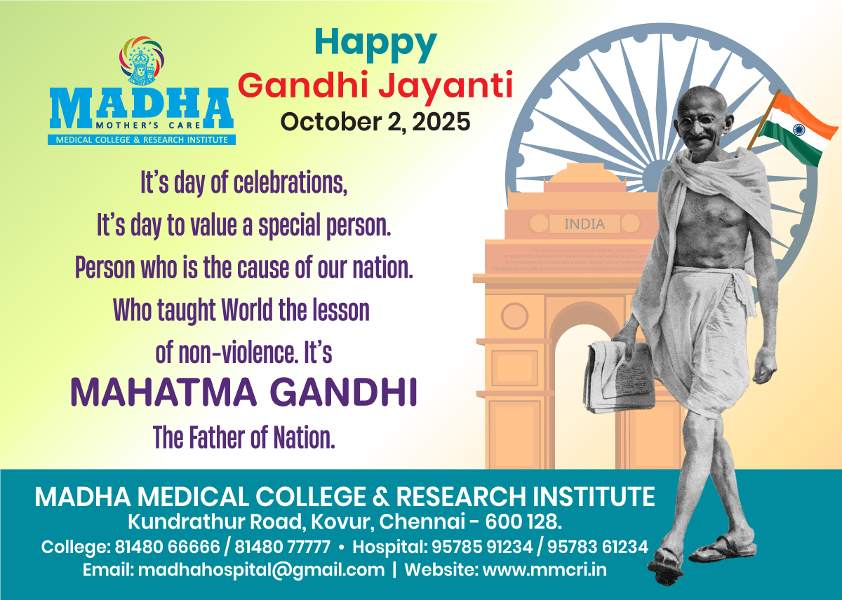 SMmcri's tweet image. The Best wat to find yourself is to lose yourself in the service of others. - Mahatma Gandhi
Happy Gandhi Jayanthi.
#GandhiJayanti  #nationalfestival #MahatmaGandhi
#MMCRI #MadhaMedicalCollege #MadhaHospital #SuperSpecialityHospital #Kovur #Chennai #Kundrathur #Madha