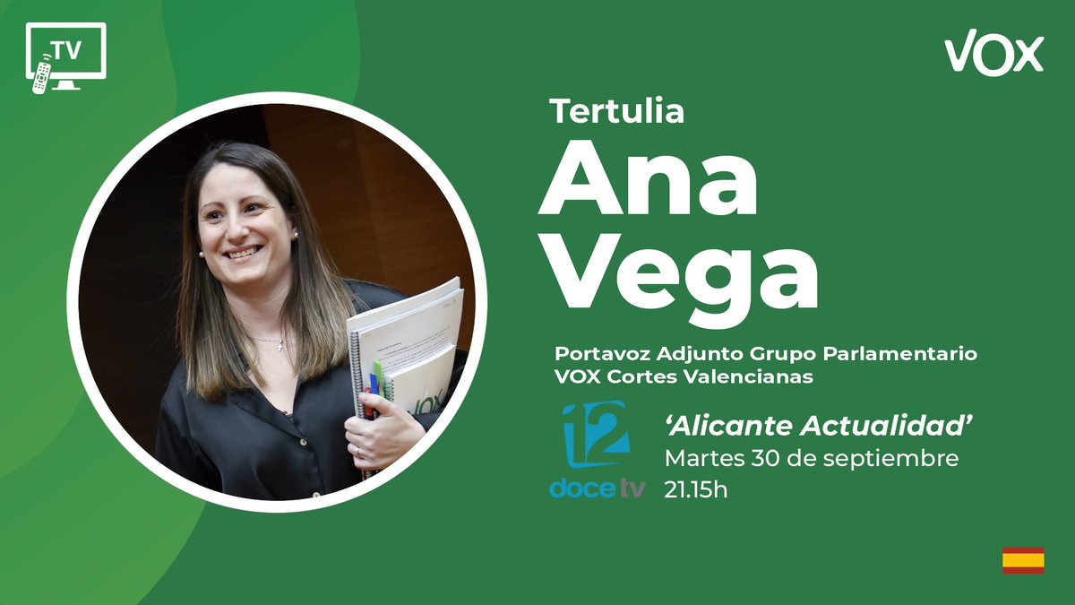 Nuestra portavoz adjunto, <a href="/AnaVegaVOX/">Ana Vega Campos</a>, participará en la tertulia política Alicante Actualidad en <a href="/12tv_es/">12tv Alicante</a>.

🗓️ Martes, 30 de septiembre.
⏰ 21.15h
📺 Puedes seguirlo en este enlace 👉12tv.es/12tv-directo/