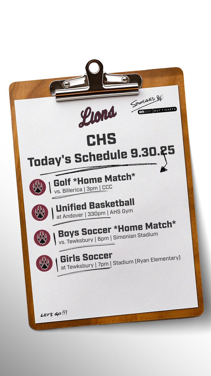 Chelmsford HS Athletics (@_lionsathletics) on Twitter photo Today’s Schedule
⛳️ <a href="/chslionsgolf21/">CHSLionsGolf</a>
🏀 Unified Hoops
⚽️ <a href="/CHS_LionsSoccer/">CHS Girls Soccer</a>
⚽️ <a href="/LionsBSoc_CHS/">CHS Boys Soccer</a>
🎟️ gofan.co/app/school/MA1…
<a href="/CHSASBoosters/">Chelmsford Booster Club</a> <a href="/CHS_Tundra/">The Tundra</a> <a href="/CPSchoolsMA/">Chelmsford Public Schools</a> Today’s Schedule
⛳️ <a href="/chslionsgolf21/">CHSLionsGolf</a>
🏀 Unified Hoops
⚽️ <a href="/CHS_LionsSoccer/">CHS Girls Soccer</a>
⚽️ <a href="/LionsBSoc_CHS/">CHS Boys Soccer</a>
🎟️ gofan.co/app/school/MA1…
<a href="/CHSASBoosters/">Chelmsford Booster Club</a> <a href="/CHS_Tundra/">The Tundra</a> <a href="/CPSchoolsMA/">Chelmsford Public Schools</a>