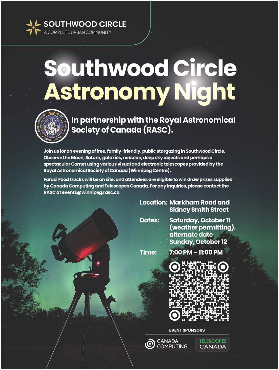 RASC_Winnipeg's tweet photo. Join us on Sat, October 11, 2025 for an evening of stargazing for the general public in Southwood Circle - Winnipeg's new urban community development nearby the University of Manitoba Fort Garry campus.
#southwoodcircle #umanitoba #winnipeg #manitoba #astronomy #StarParty #RASC https://t.co/KJMmPdao0V
