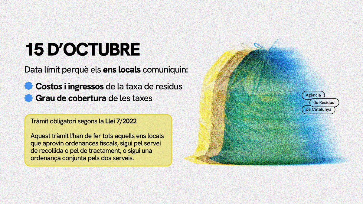 residuscat's tweet image. 🔈El 15 d’octubre venç el termini per comunicar els costos i ingressos de la taxa de residus, així com el grau de cobertura, tal com estableix la Llei 7/2022.​
​
Des de @residuscat hem habilitat el tràmit en línia per facilitar el compliment d’aquest requisit legal i donar…
