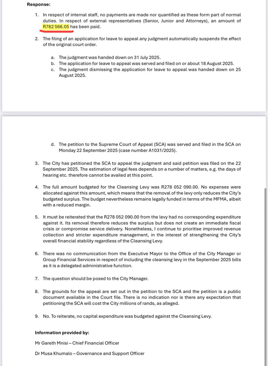 In a written answer Mayor Moya says that Tshwane has spent nearly 800k on defending the ill-conceived city cleansing levy in court, and that’s before the case went on appeal. Despite this, the city has admitted that the levy is being used to double bill thousands of residents ⚠️