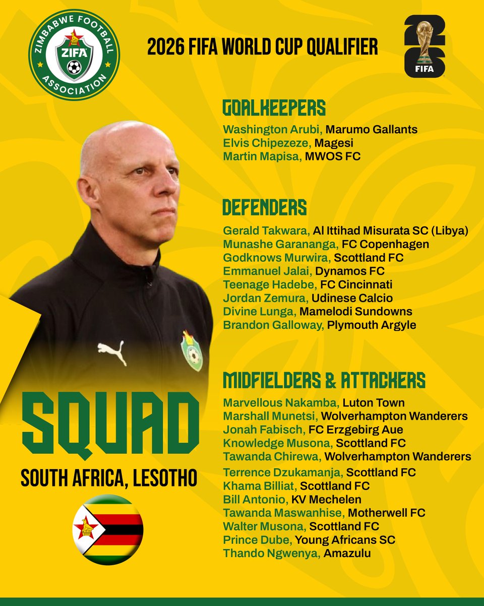 online_zifa's tweet image. HAPPENING NOW: Warriors Squad Announcement ⚽🇿🇼

The Coach has named his Warriors squad set to face South Africa and Lesotho in the upcoming 2026 FIFA World Cup Qualifiers.
#ZIFA #Zimbabwe #SouthAfrica #Lesotho #Warriors #FIFA #WorldCup #Qualifiers#SquadAnnouncement #Football…