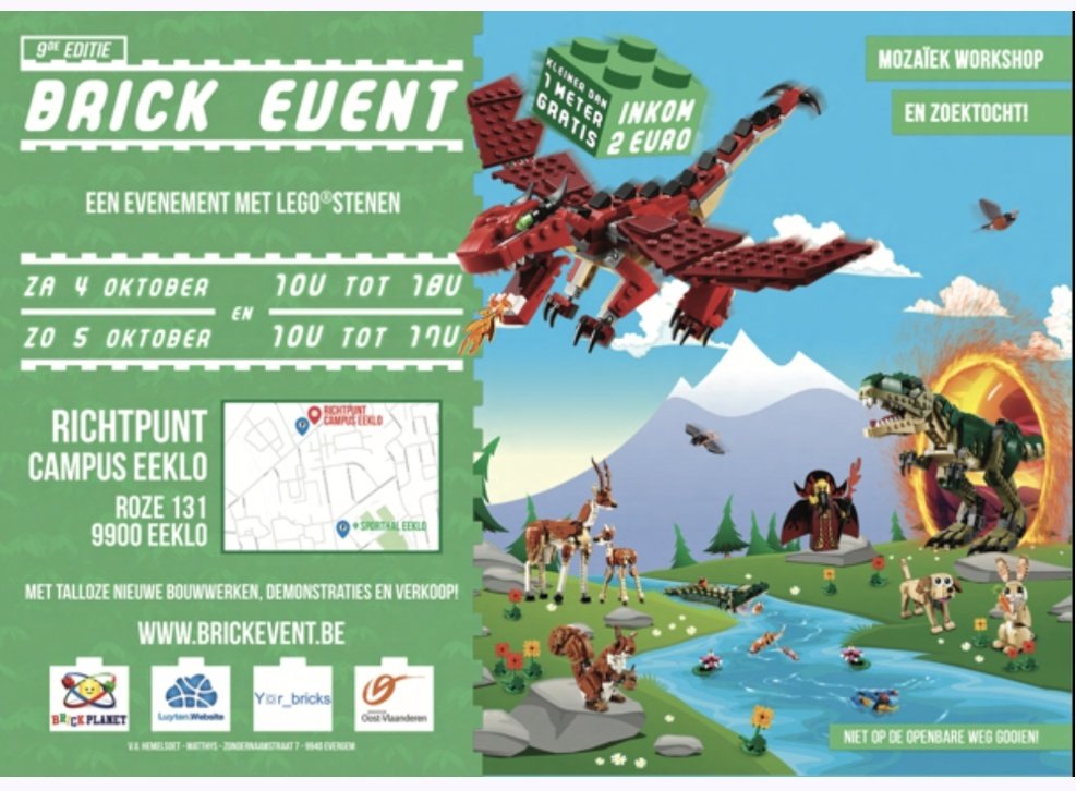 Om alvast te noteren dit weekend 04-05 oktober te #eeklo in de #campusrichtpunteeklo #LEGO beurs iedereen welkom vele bouwwerken speelhoek cafetaria en verkoop