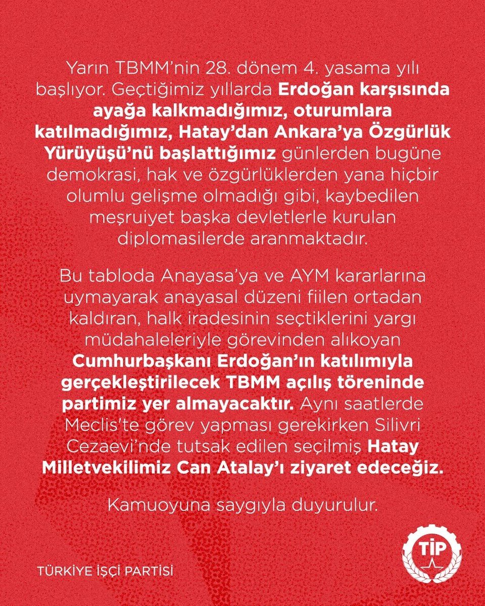 Yarın Cumhurbaşkanı Erdoğan’ın katılımıyla TBMM’de düzenlenecek yeni yasama yılı açılış oturumuna partimiz katılmayacaktır. Kamuoyuna saygıyla duyurulur.