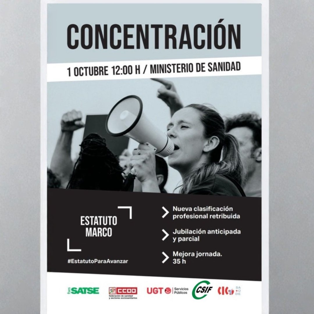 CSIFCLM's tweet image. 📢 Bajo el lema #EstatutoParaAvanzar nos concentraremos mañana frente al Ministerio de Sanidad
🕛12 horas

👉 Exigimos un nuevo Estatuto Marco que ponga fin a la precariedad y garantice derechos básicos:

✅ Jubilación anticipada y parcial
✅ Carrera profesional en el Sescam
✅…