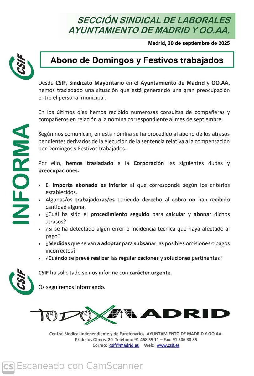 Desde CSIF seguimos trabajando para el abono de domingos y festivos trabajados por los empleados públicos y ver toda la casuística que le afecta.
