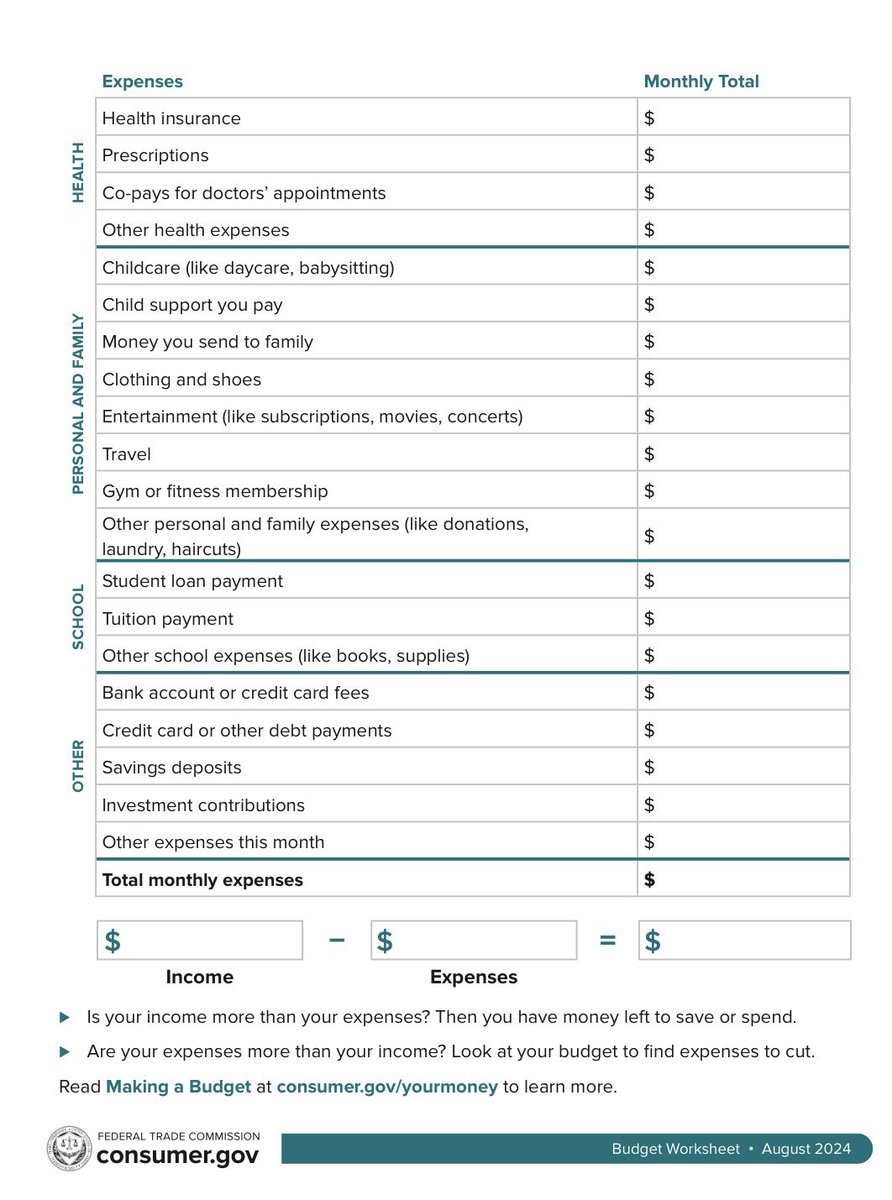 SpringfieldLCP's tweet image. Pinpoint where and why your dollars are being stretched thin and regain control of your money with a budget! Here’s the truth:  A budget is like a book. It’s a story full of suspense and a happy ending. Downloaded @FTC Budget Worksheet consumer.gov/content/make-b… #budget #money