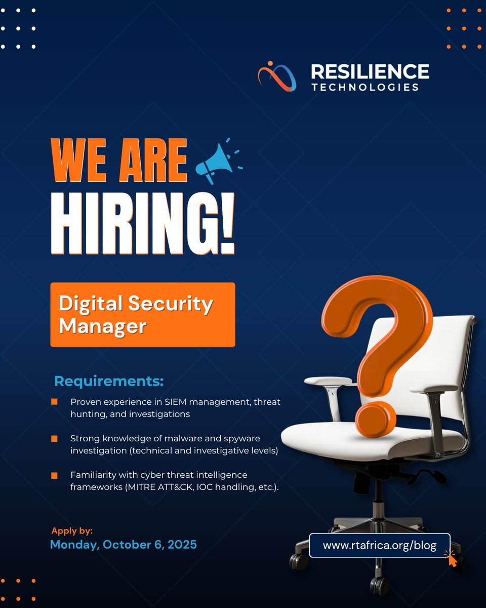 We’re hiring a Digital Security Manager!

 Join Resilience Technologies to lead SIEM ops, threat detection &amp; digital resilience for civil society.

Sounds like you or someone you know? Apply here: rtafrica.org/we-are-hiring-…
