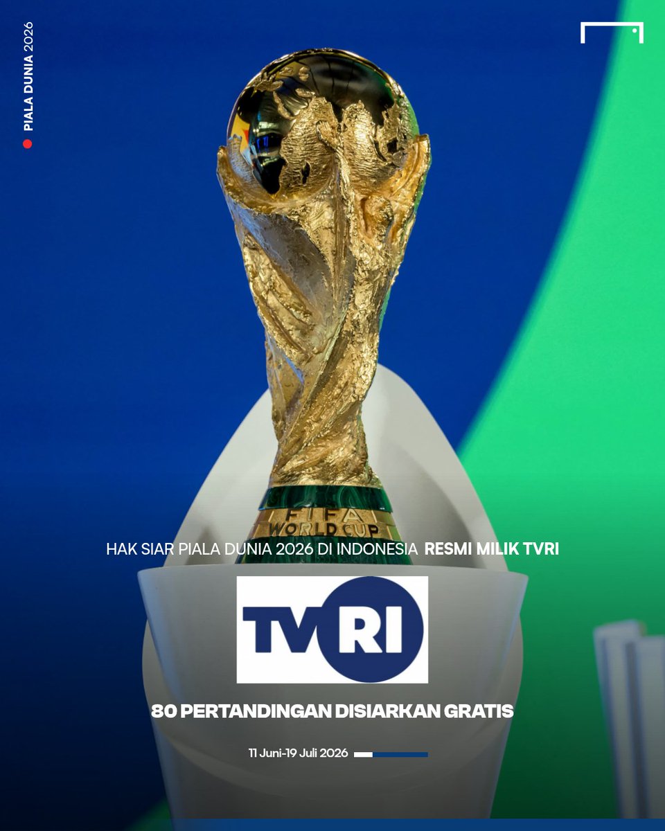 GOAL_ID's tweet photo. TVRI resmi jadi pemegang hak siar Piala Dunia 2026. ✅

Stasiun televisi milik pemerintah Indonesia itu akan menyiarkan 80 pertandingan Piala Dunia secara gratis di Indonesia. 🏆

Timnas Indonesia masih berjuang di ronde keempat kualifikasi zona Asia untuk lolos ke turnamen akbar ini. 🇮🇩