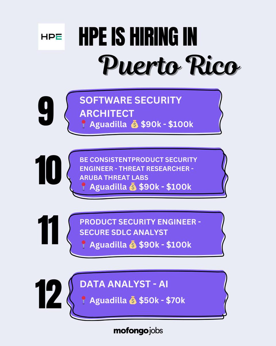 🎉 HPE is hiring in Puerto Rico!

Check out the opportunities at MofongoJobs.com

#PuertoRico #PR #PfknR #wfpr #wfh #trabajo #career #job #hiring #jobs #remote #hybrid #inperson #local #hechoenpr #boricua #aguadilla