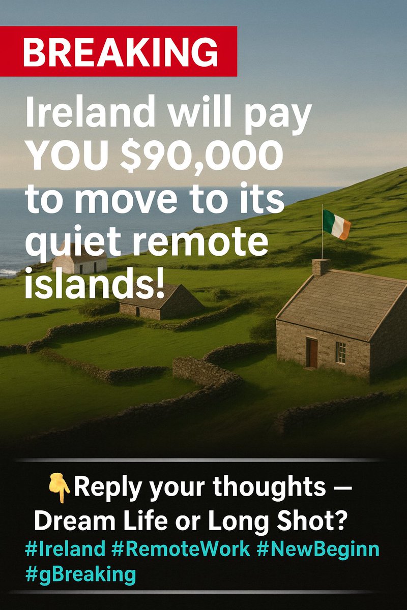 xxmahibogixx's tweet image. 🚨 BREAKING: Ireland will pay $90,000 to anyone ready to move to its quiet, remote islands 🇮🇪🏝️
Would you take the cash and start fresh on an island — Dream Life or Long Shot?
👇 Reply your thoughts!
#Ireland #IslandLife #RemoteWork #Opportunities #BreakingNews