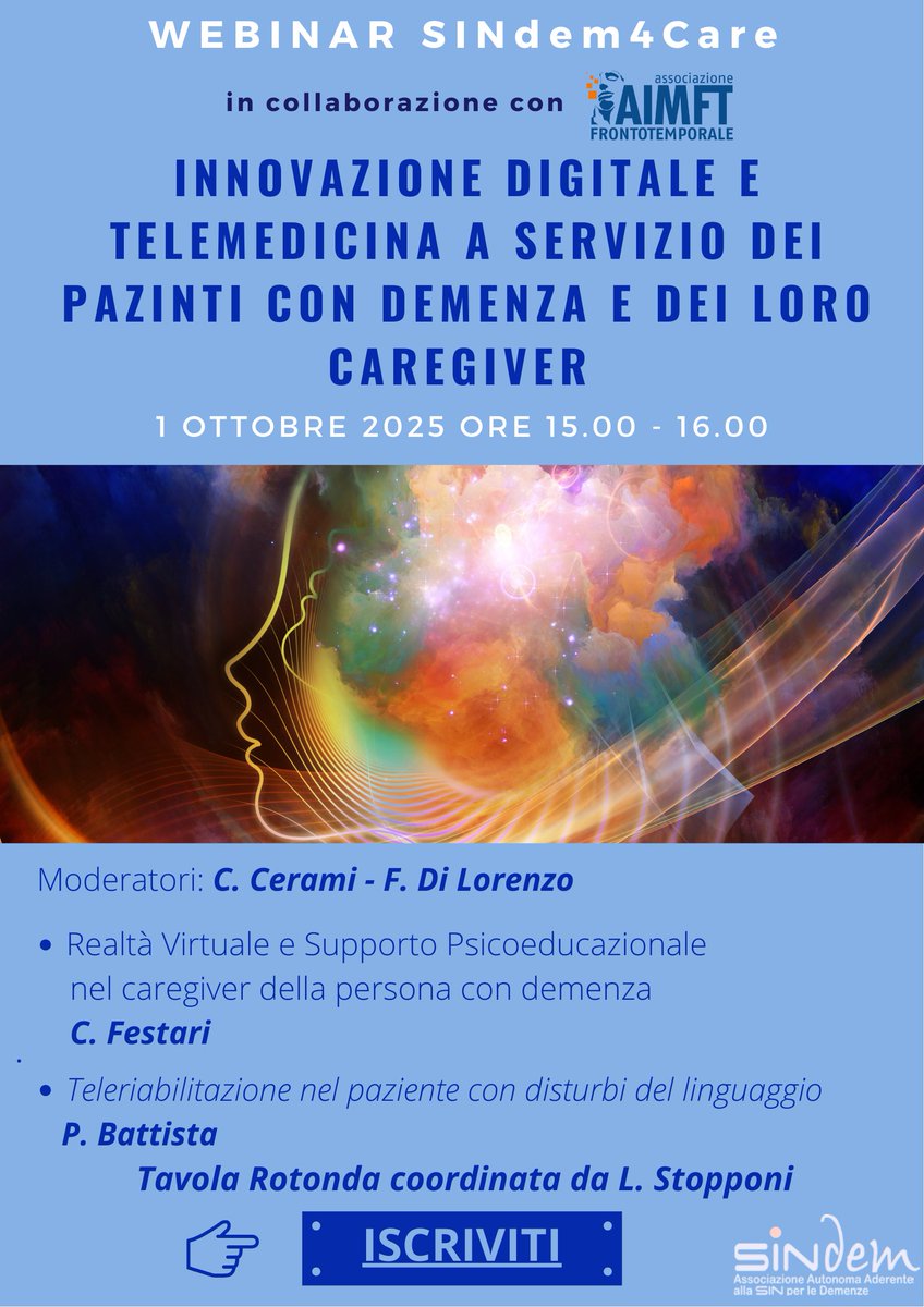 Siamo lieti di invitarvi al prossimo Webinar SINdem4Care in collaborazione con Associazione Malattia Frontotemporale dal titolo:
“INNOVAZIONE DIGITALE E TELEMEDICINA A SERVIZIO DEI PAZIENTI CON DEMENZA E DEI LORO CAREGIVER”

REGISTRATI QUI
us02web.zoom.us/webinar/regist…