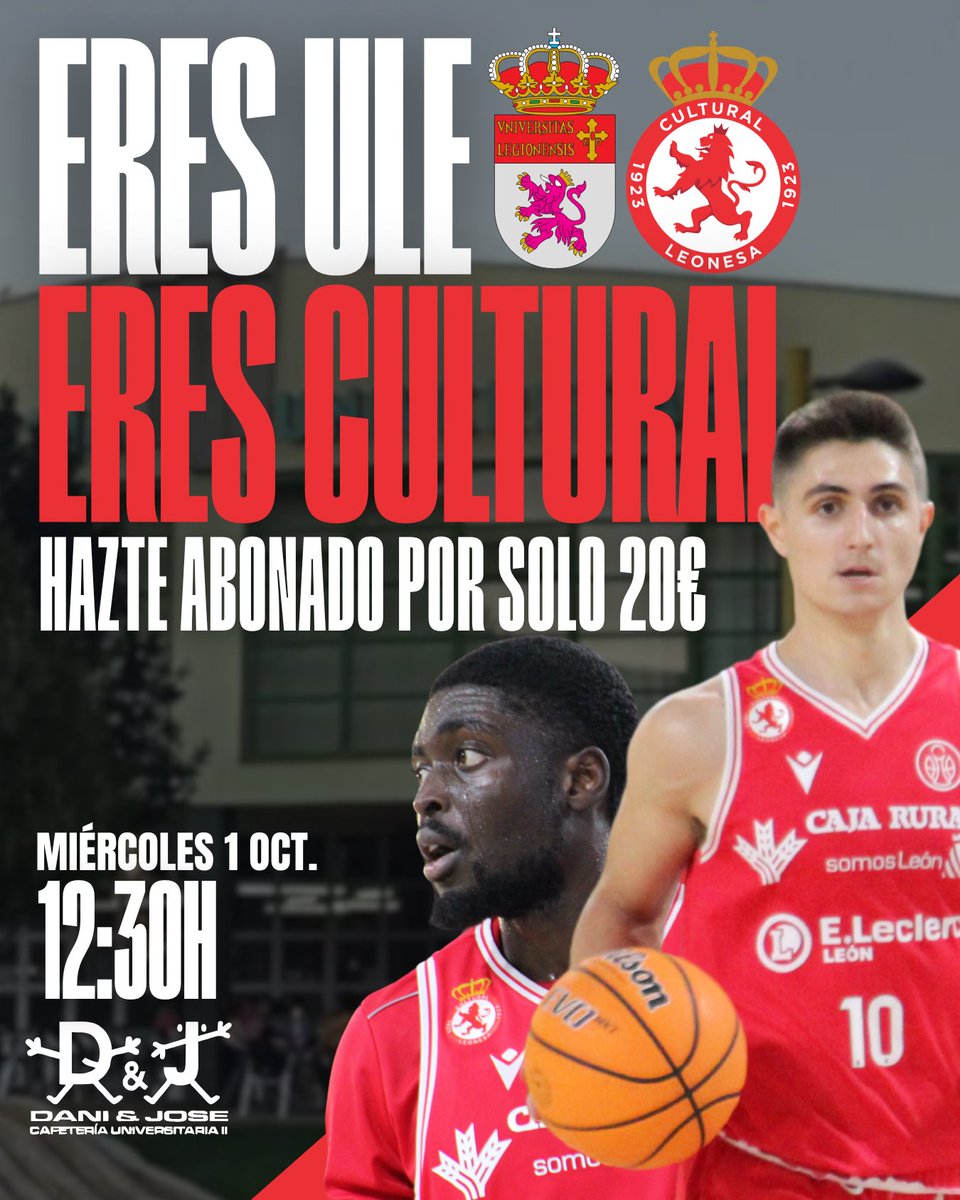 CultuBaloncesto's tweet photo. 🚨 ¡Mañana estaremos en el @DyJLeon!

Ven a conocer a nuestros jugadores y hazte abonado.
Si eres estudiante de la @unileon, ¡Solo te cuesta 20€!

📆 Miércoles, 1 de octubre 🕛 12:30 h 📍 @DyJLeon

#LoNuestro | #AúpaCultu https://t.co/sfV9PgIxaU
