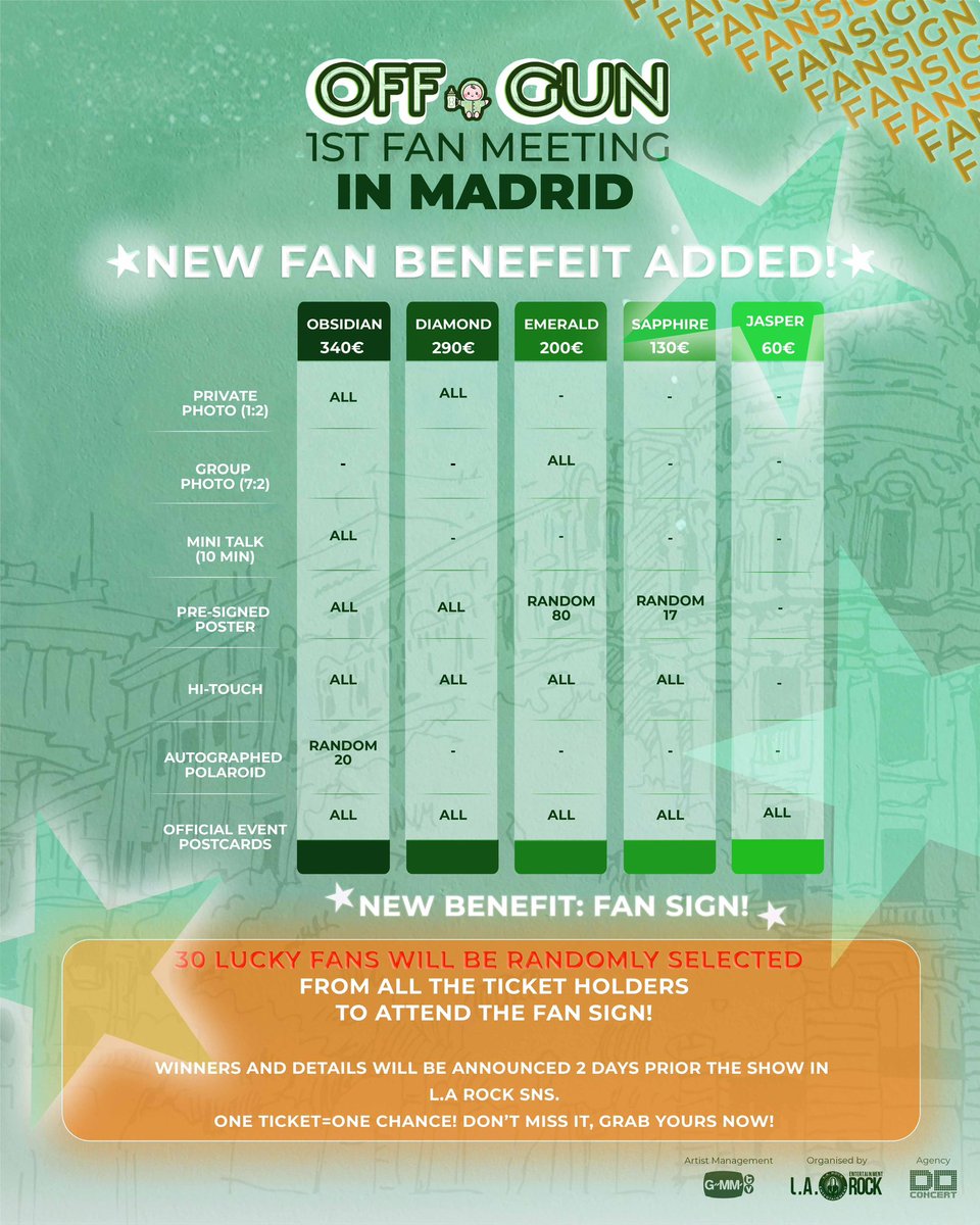 MADRID🌟💚 NUEVO FAN BENEFIT: FANSIGN 💚🌟

🎁 30 fans podrán conocerlos en persona + llevarse postal firmada!
👉 Solo necesitas tu entrada (cualquier categoría)
📢 Ganadores, 1 día antes del show!

Link de venta en bio
#OffGun1stEuropeanTour
#OffGun1stFMinMadrid
#OffGun
#GMMTV