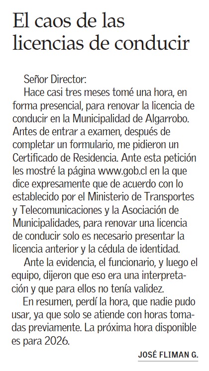 Renovar licencias de conducir, sumado al nuevo formato digital, ha sido un total desastre. Imagínense cuando se aplique el Reglamento Uber,  que exige -además- licencia profesional, mucho más demorosa aún, a 200.000 conductores. Increíble la torpeza del MTT. Carta de hoy en EM.