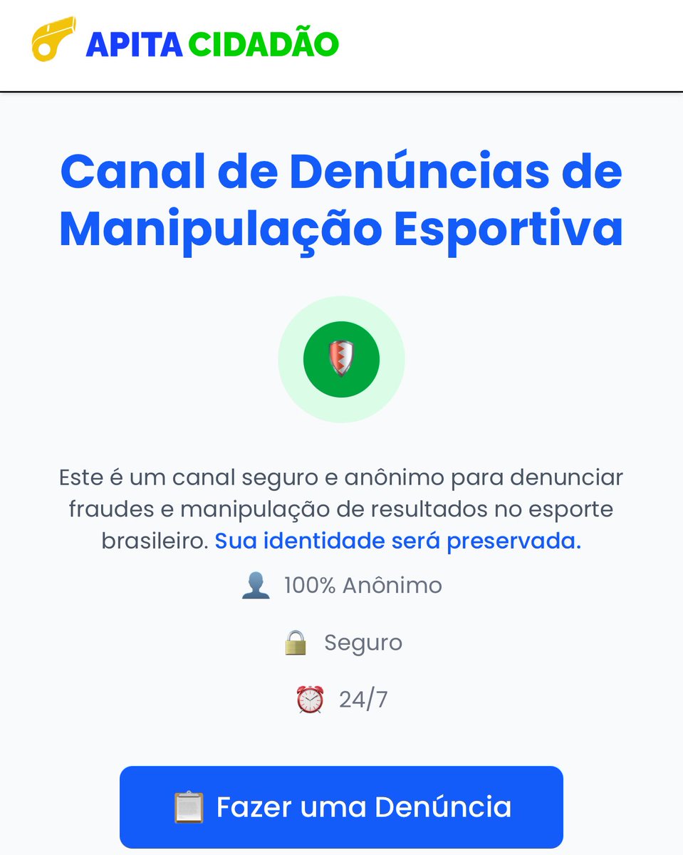 🚨Utilidade Pública: a polícia federal lançou uma plataforma para denúncias contra manipulação de resultados em apostas esportivas.

➡️apitacidadao.com