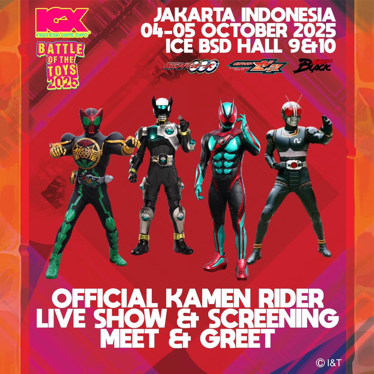 KamenRider_EN's tweet photo. Indonesia, we have yet another exciting announcement for you!
All eras unite! Meet the Riders from every era at IGX Stage 02!

You can't miss this:
✨ Special Guest: Hiroaki Iwanaga - the actor behind Kamen Rider Birth
✨ Meet & Greet with Kamen Rider BLACK, OOO, Birth, and ZEZTZ!
✨ Live Performance: Kamen Rider BLACK and Kamen Rider ZEZTZ team-up!
✨ Kamen Rider ZEZTZ episode 1&4 Special Screening

📍 ICE BSD, Hall 9-10, Jakarta
🗓️ October 4–5, 2025

Get your tickets and full event info here: https://t.co/2s2GVVW9ct
#KamenRider #IGX2025