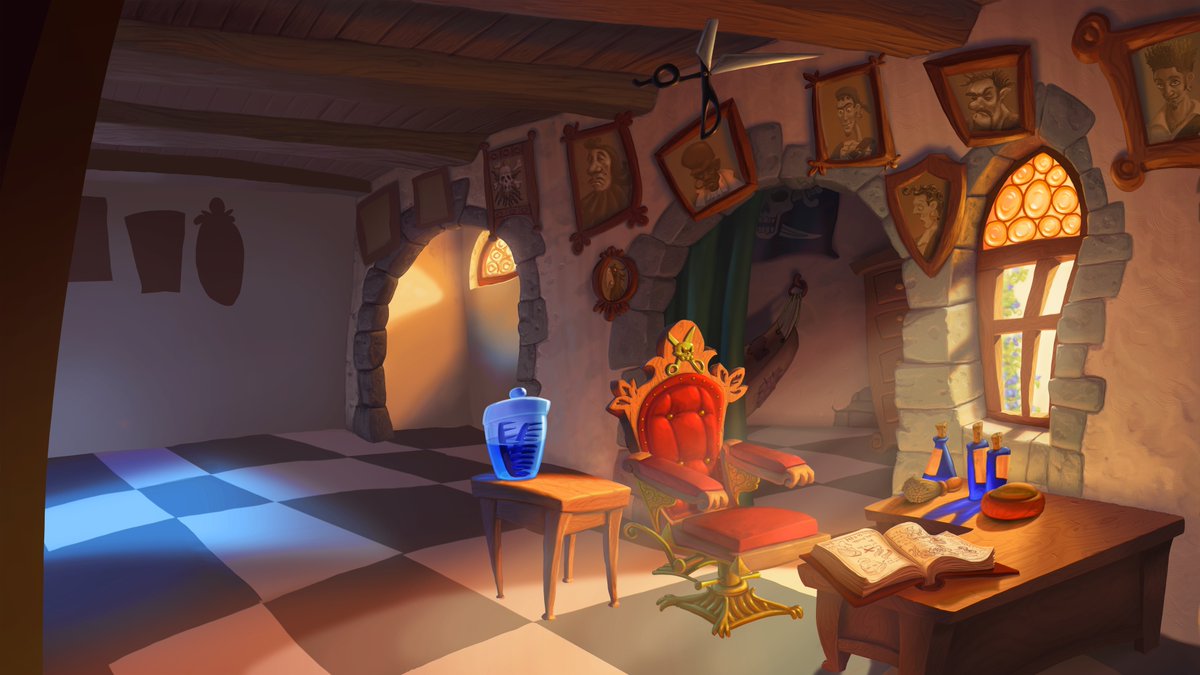 In 2020, Bill Tiller created a high-resolution version of the background art for the Barber Shop. He aimed to persuade Disney to release a new HD version of The Curse of #MonkeyIsland. The left side is still unfinished, and it lacks the shadows of the table and chair.