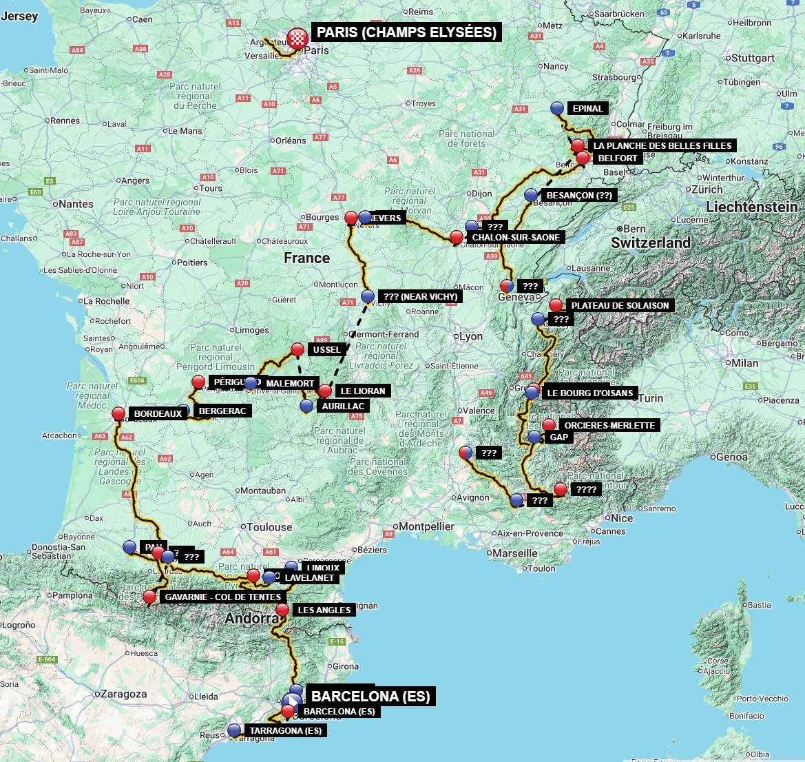 First look on a possible #TDF2026 map

Lot of ??? to be solved, so some stages like 19/20 or 15  are just placeholders.