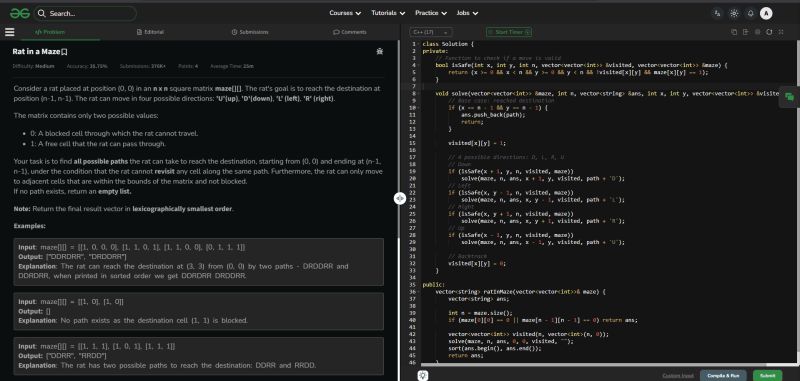 Anurags44798025's tweet image. Option 1 (Concise Single Tweet)
Day 64: Mastering Backtracking with Rat in a Maze! 🐀
#100DaysOfCode #Algorithms #Backtracking #CPP #ProblemSolving