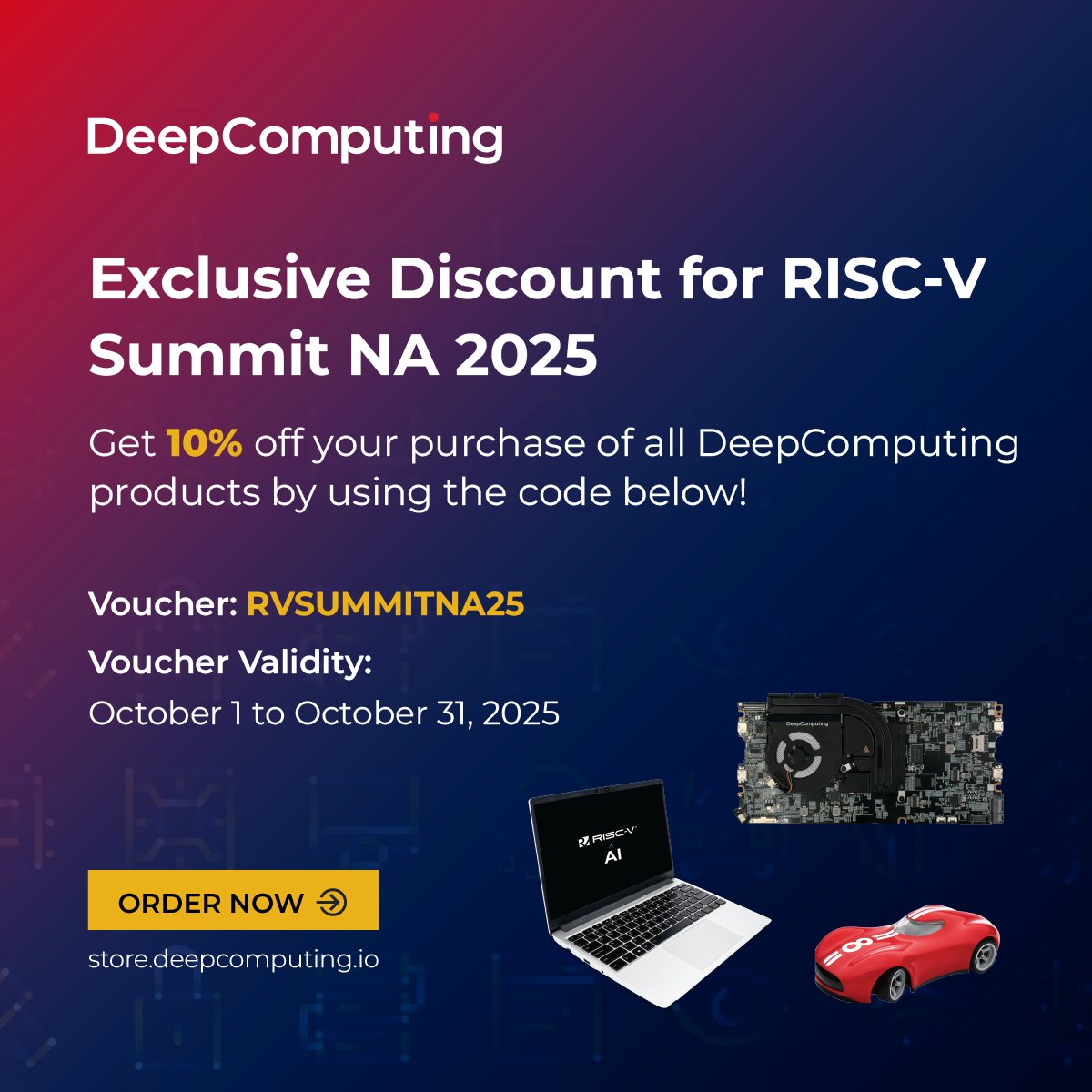 DeepComputingio's tweet image. Exclusive Discount for RISC-V Summit NA 2025

The RISC-V Summit NA 2025 will take place on October 22-23. DeepComputing is offering a special 10% discount on all products during October 2025! Don&apos;t miss out—get yours today!
📍 Learn more: store.deepcomputing.io

#framework…